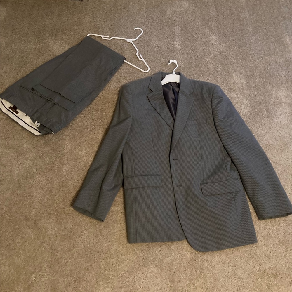 Merona Suit Jacket and pants. Mens. Gray with white pinstripes. Like New!!